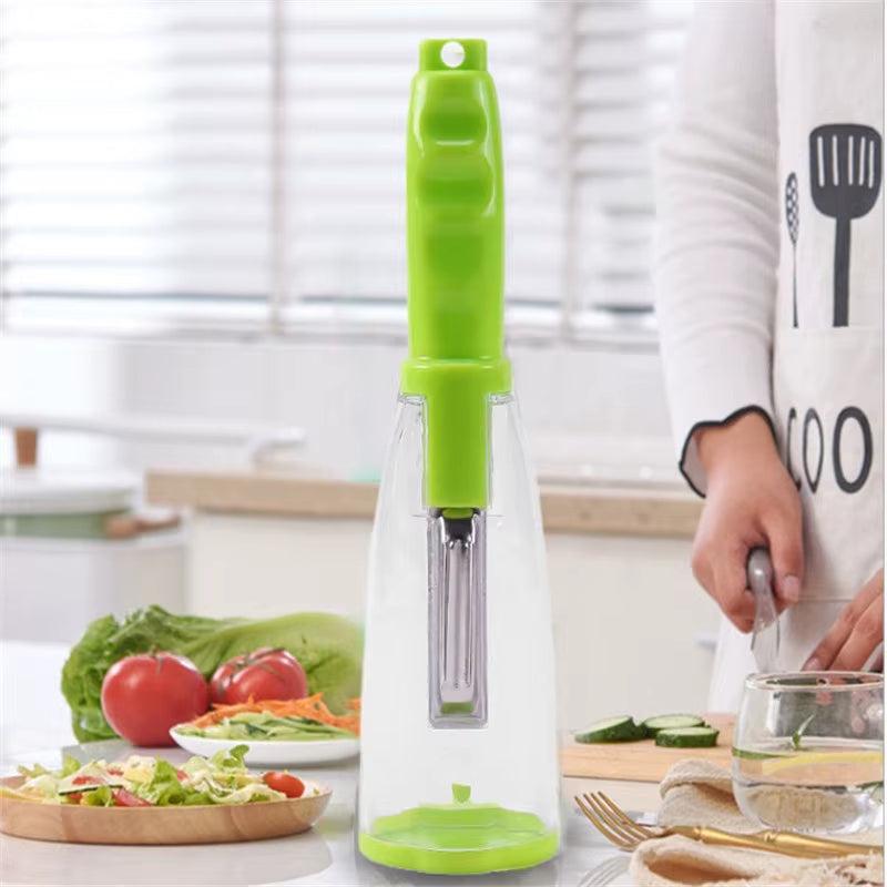 Vegetable Peeler with Container - CozyNest Hub premium handheld tool in green, displayed with fruits on a pink background.