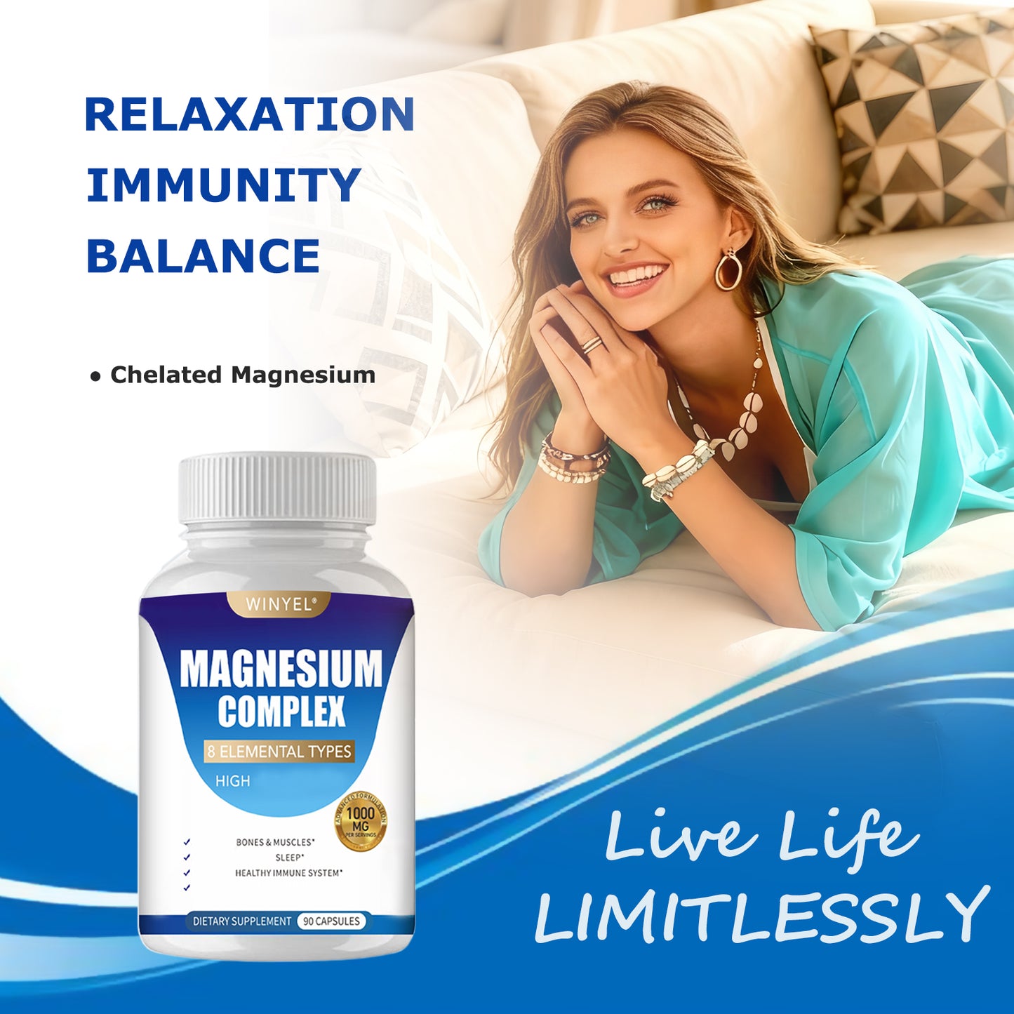 MAGNESIUM COMPLEX Wellness Capsules with Malate & Glycinate and 8 ELEMENTAL MAGNESIUM, Supports Health 90 Capsules, Dietary Supplement.