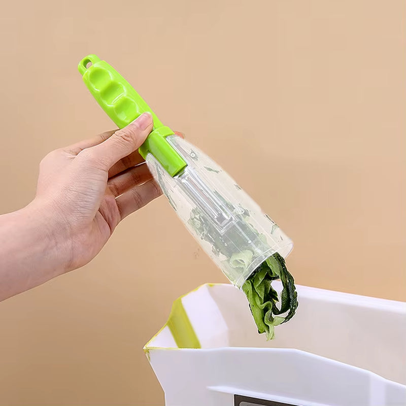 Vegetable Peeler with Container - CozyNest Hub premium handheld tool in green, displayed with fruits on a pink background.