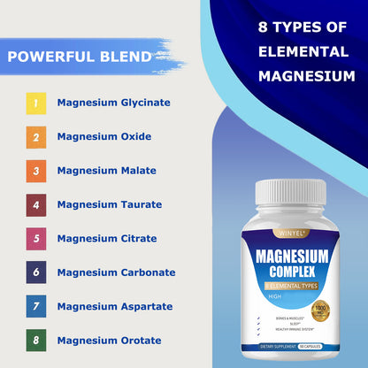 MAGNESIUM COMPLEX Wellness Capsules with Malate & Glycinate and 8 ELEMENTAL MAGNESIUM, Supports Health 90 Capsules, Dietary Supplement.