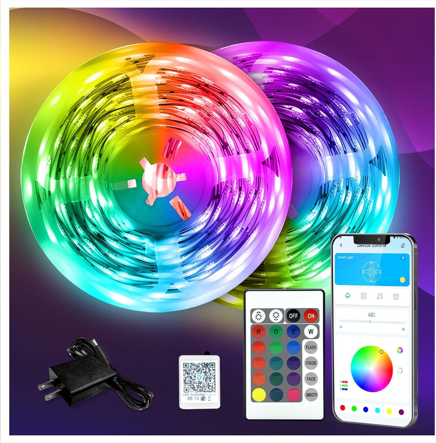 LED Strip Lights 130Ft Lights Strip for Bedroom, Desk, Indoor Room Bedroom Brithday Gifts RGB Decor with Remote and 24V Power Supply