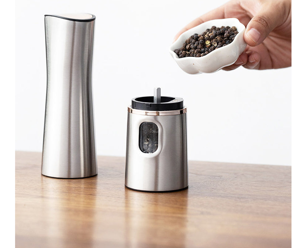 Electric Pepper Mill Grinder - CozyNest Hub Stainless Steel Salt Mill with a sleek design and easy-to-use mechanism.