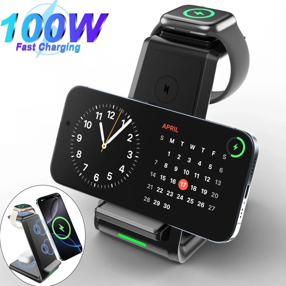 30W Fast Charging Dock Station Pad 3 in 1 Wireless Charger Stand for Iphone 16 15 14 13 12 Pro Max Iwatch Samsung S24 S23 S22