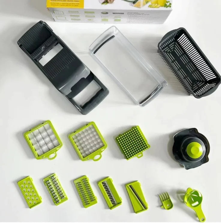 Multi-Purpose 16Pcs Vegetable Slicer Chopper, Manual Food Dicer with Interchangeable Blades for Fruits & Veggies