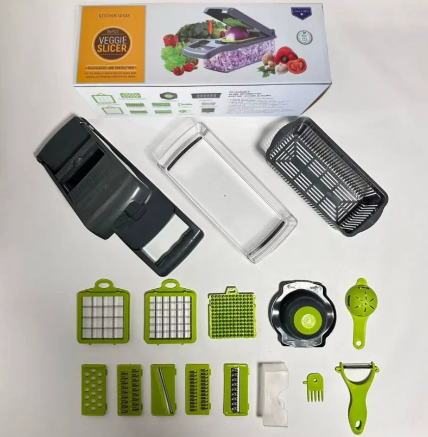 Multi-Purpose 16Pcs Vegetable Slicer Chopper, Manual Food Dicer with Interchangeable Blades for Fruits & Veggies