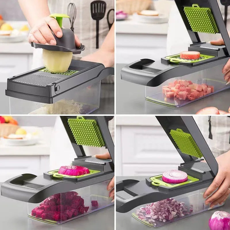 Multi-Purpose 16Pcs Vegetable Slicer Chopper, Manual Food Dicer with Interchangeable Blades for Fruits & Veggies