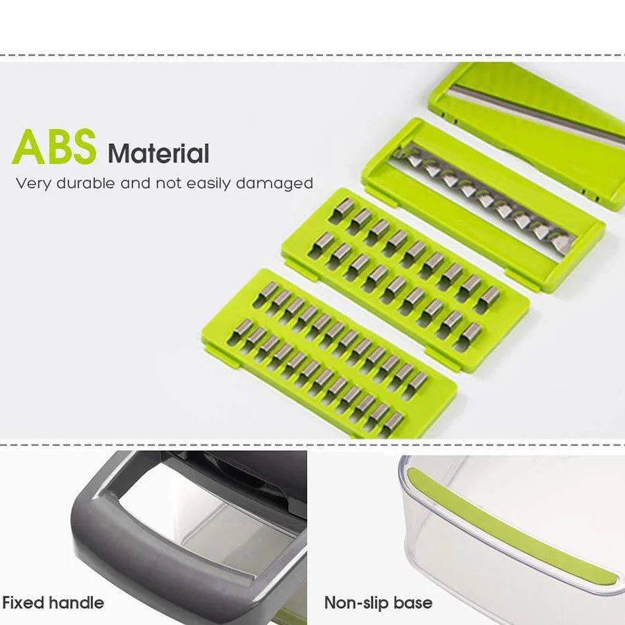 Multi-Purpose 16Pcs Vegetable Slicer Chopper, Manual Food Dicer with Interchangeable Blades for Fruits & Veggies
