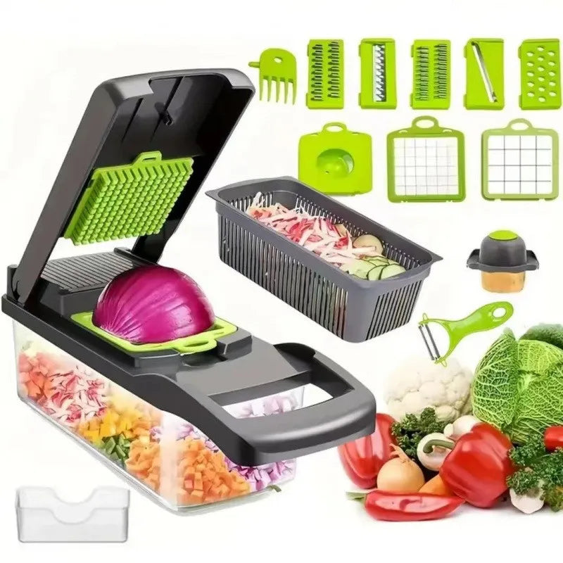 Multi-Purpose 16Pcs Vegetable Slicer Chopper, Manual Food Dicer with Interchangeable Blades for Fruits & Veggies