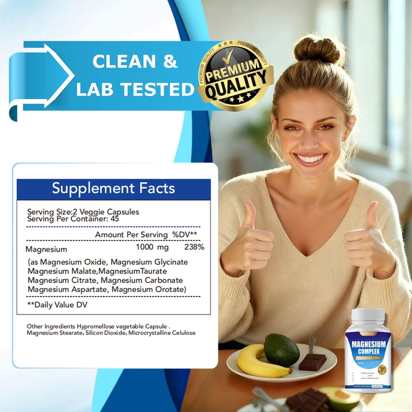 MAGNESIUM COMPLEX Wellness Capsules with Malate & Glycinate and 8 ELEMENTAL MAGNESIUM, Supports Health 90 Capsules, Dietary Supplement.