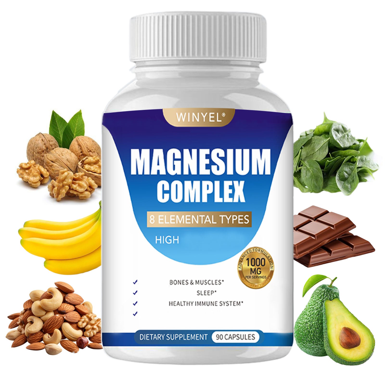 MAGNESIUM COMPLEX Wellness Capsules with Malate & Glycinate and 8 ELEMENTAL MAGNESIUM, Supports Health 90 Capsules, Dietary Supplement.