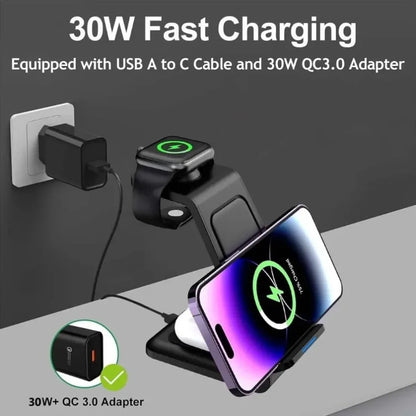 30W Fast Charging Dock Station Pad 3 in 1 Wireless Charger Stand for Iphone 16 15 14 13 12 Pro Max Iwatch Samsung S24 S23 S22