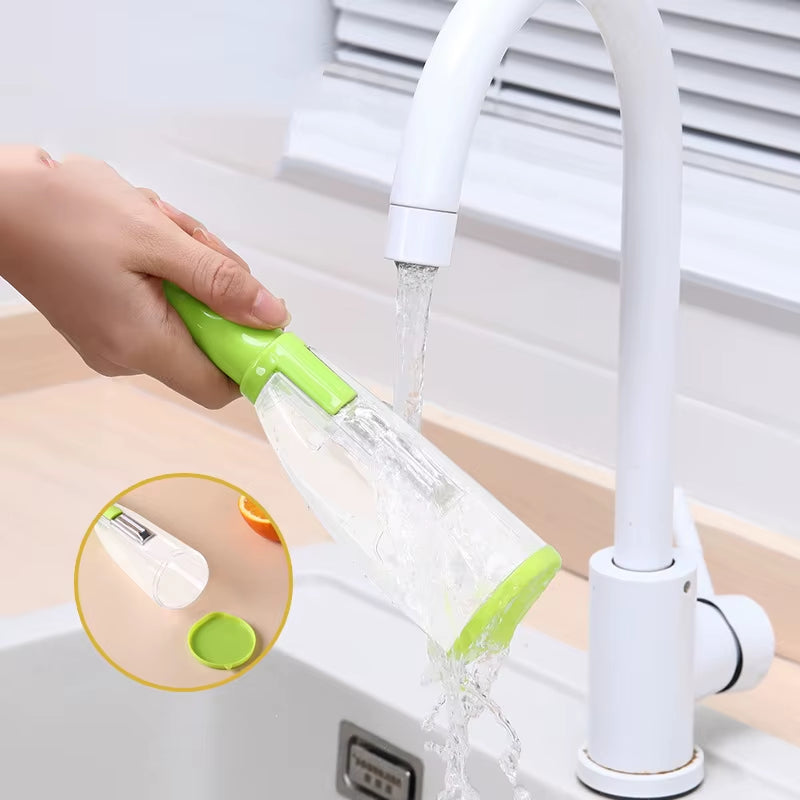 Vegetable Peeler with Container - CozyNest Hub premium handheld tool in green, displayed with fruits on a pink background.